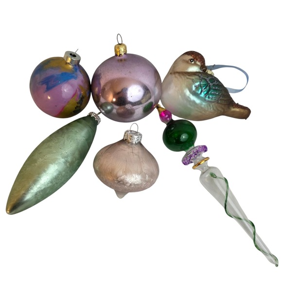 Other - Vintage Lot of 6 Blown Glass Christmas Ornaments in Purple Lavender Green Silver
